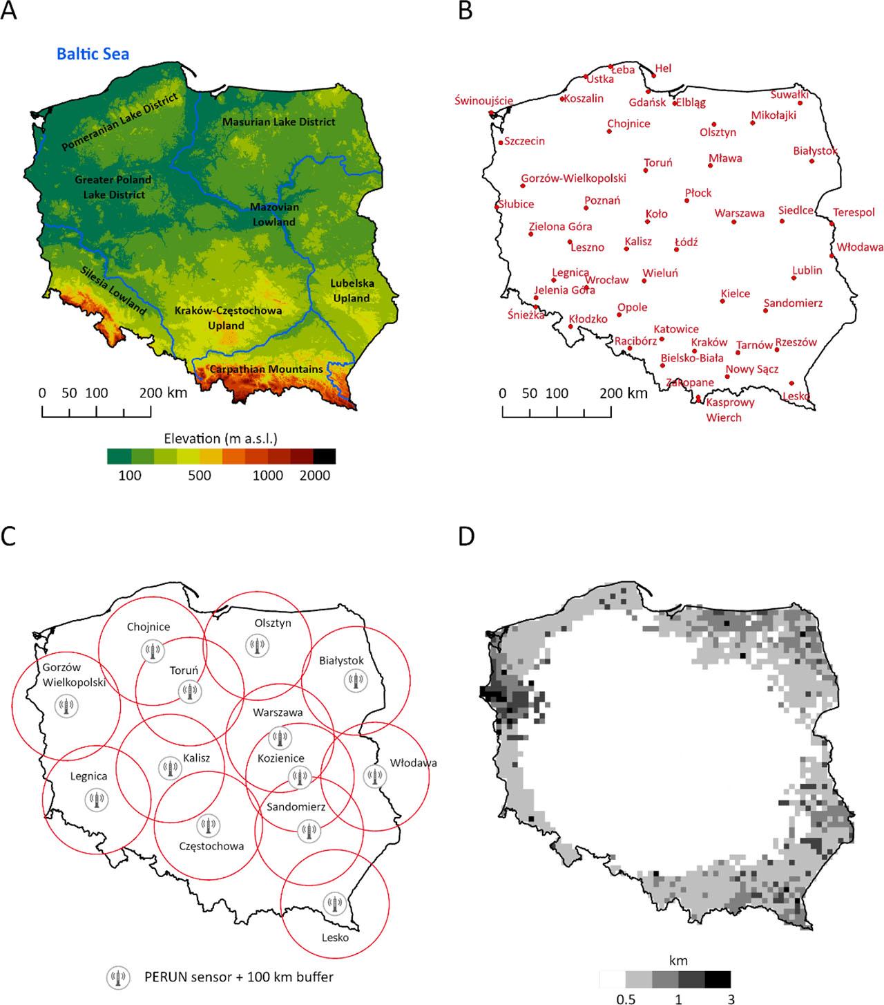 A - Hypsometric map of Poland based on the Shuttle Radar Topography Mission Global Coverage (SRTM3) including geographical regions (source: NASA 2021). B - Location of the meteorological stations used in the study. C - Locations of lightning detection sensors in the PERUN network, with buffer zones. D - Average CG lightning accuracy based on the PERUN database during 2002–2020Source: own study