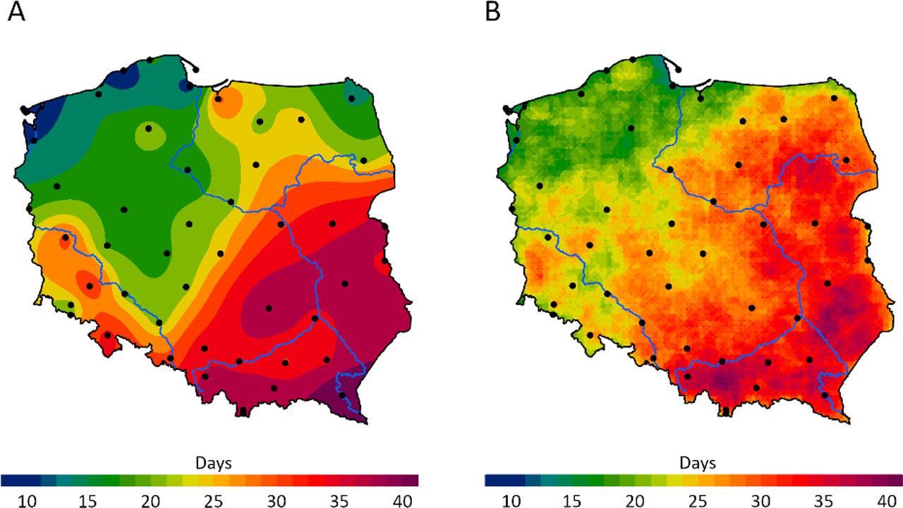 Average annual number of TDs in Poland according to SYNOP (A) and PERUN (B); data during the period 2002–2020Source: own study