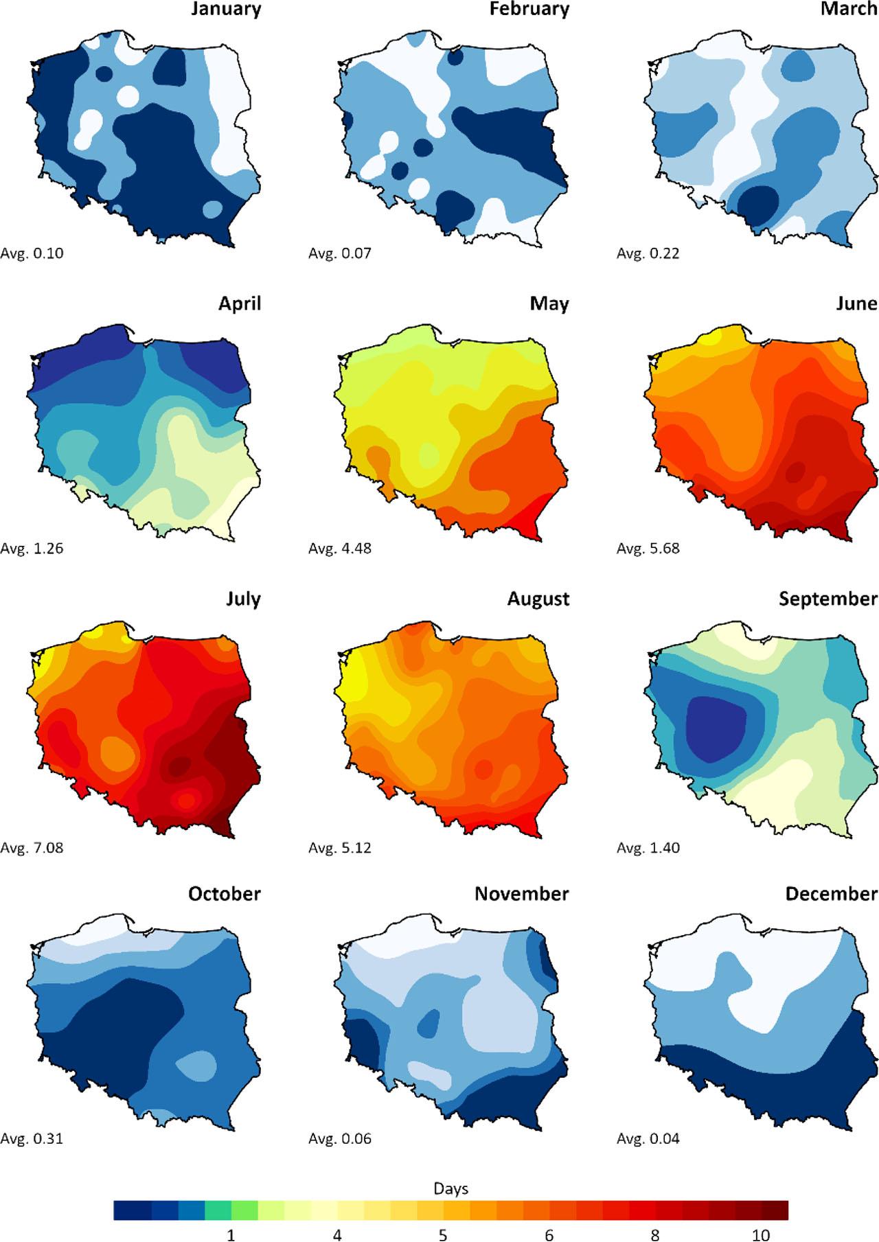 Average monthly spatial variability of TDs in Poland based on SYNOP reports during the period 2002–2020Source: own study