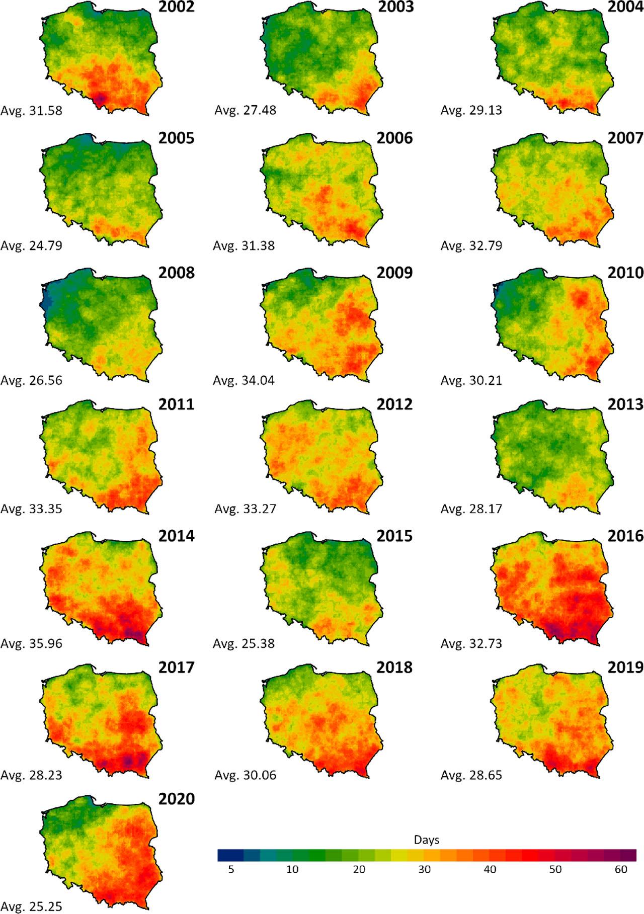 Annual number of TDs in Poland based on PERUN lightning detection system data during the period 2002–2020Source: own study