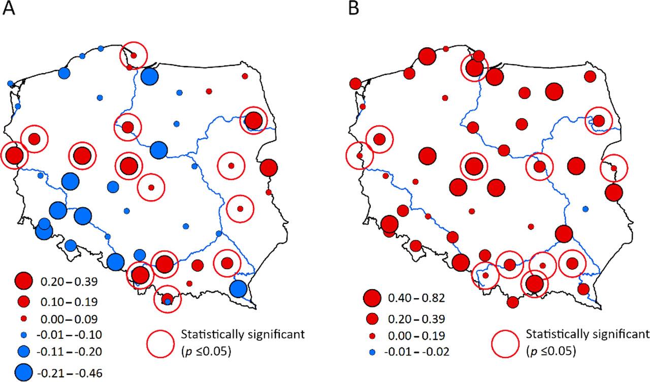 Changes in thunderstorm days per decade in Poland during the period 2002–2020 based on SYNOP (A) and PERUN (B) data. Stations with a statistically significant trend (p≤0.05) are marked by a circleSource: own study