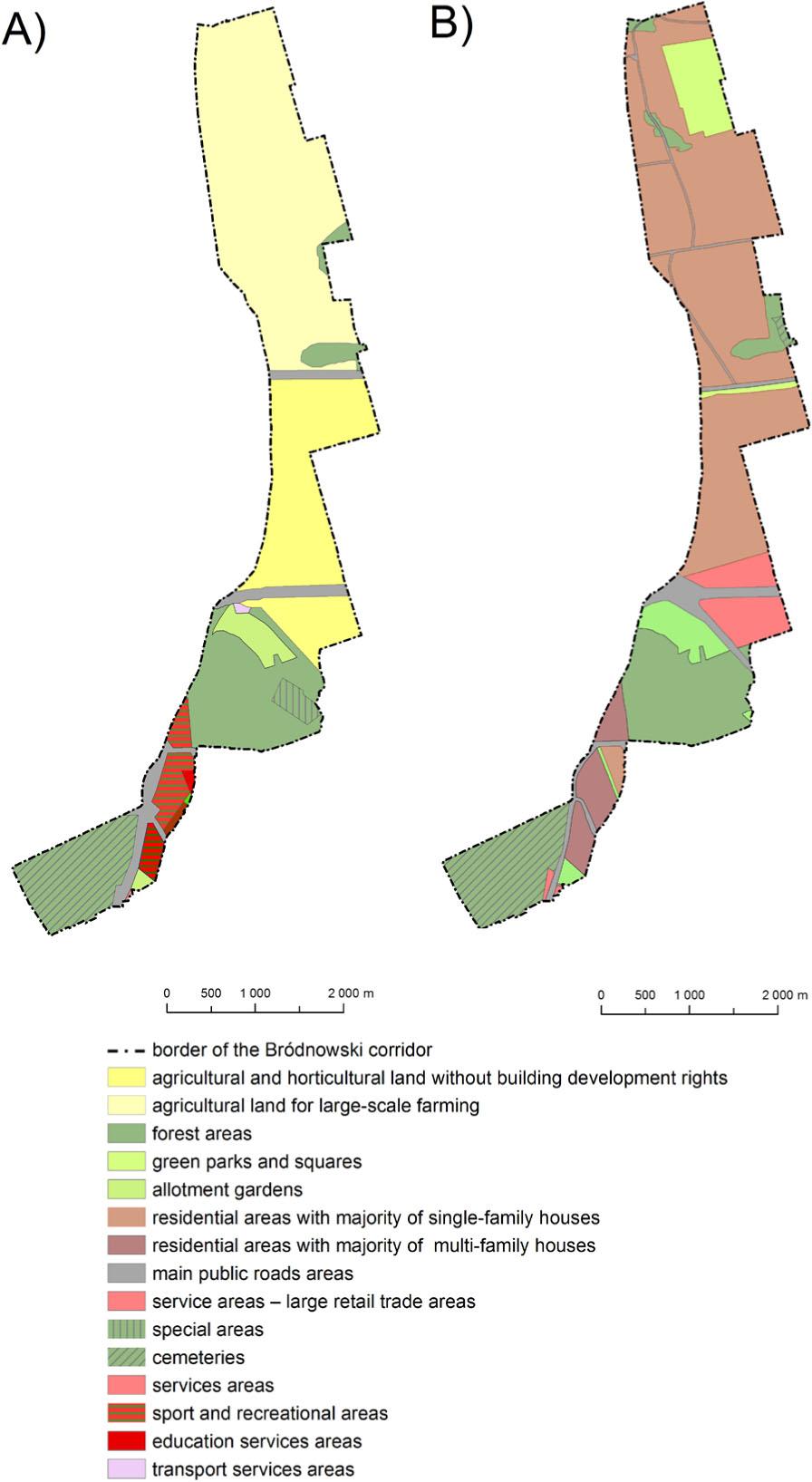 Changes in the area designation in the planning documents within the Bródnowski Ventilation Corridor for the years 1982 (2A) and 2020 (2B)Source: own elaboration