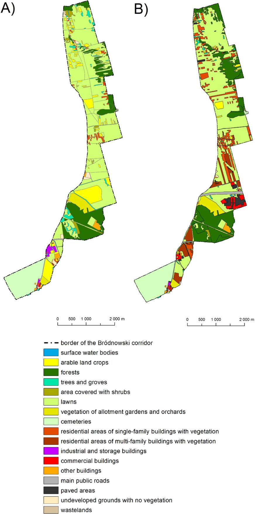 LULC structure within the boundaries of the Bródnowski Ventilation Corridor in 1982 (3A) and 2020 (3B)Source: own elaboration