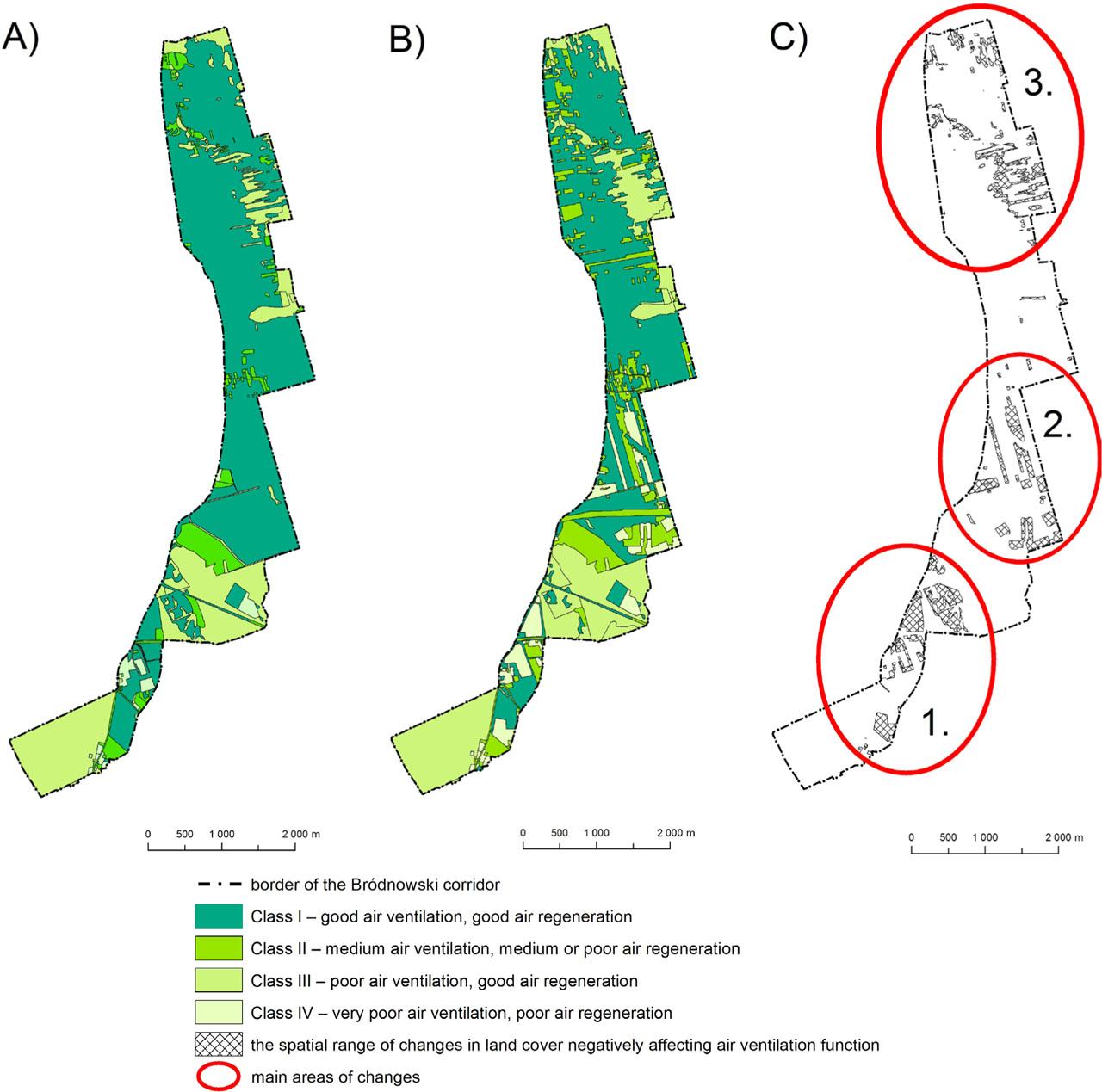 Classes of areas with various abilities for shaping climatic conditions in 1982 (4A) and 2020 (4B); area of main changes (4C)Source: own elaboration