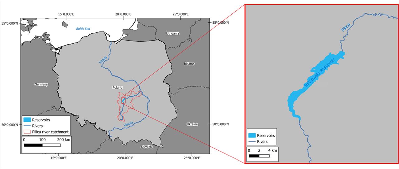 Location of the Sulejów Reservoir in the Pilica river catchment, the Vistula River, and map of the Republic of PolandSource: own elaboration