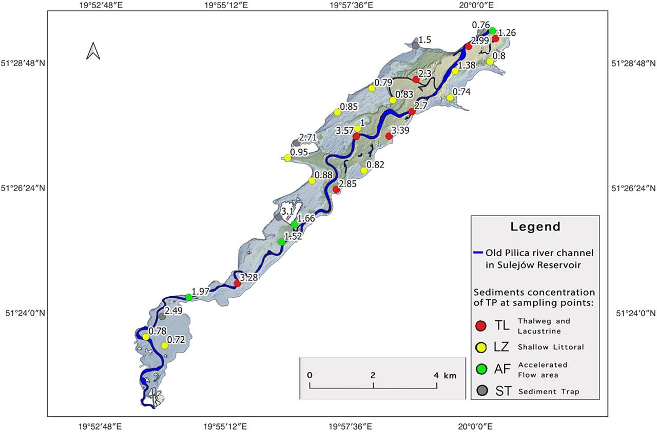 Sulejów Reservoir bottom sediments concentration of Total Phosphorus (TP) at sampling points with different sedimentation conditions: TL – thalweg and lacustrine zone, LZ – shallow littoral zone, AF – accelerated flow area, ST – sediment trapSource: own elaboration