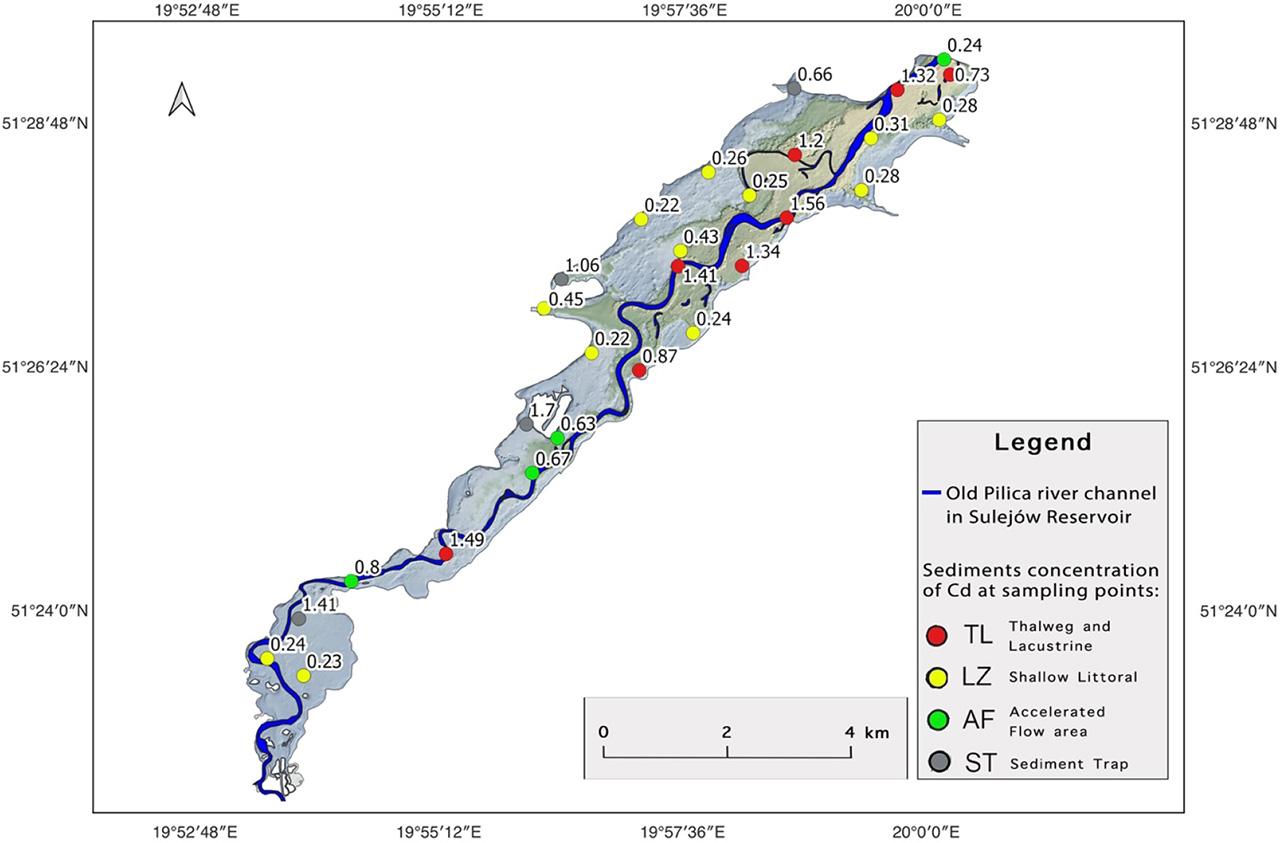 Sulejów Reservoir bottom sediments concentration of Cadmium (Cd) at sampling points with different sedimentation conditions: TL – thalweg and lacustrine zone, LZ – shallow littoral zone, AF – accelerated flow area, ST – sediment trapSource: own elaboration