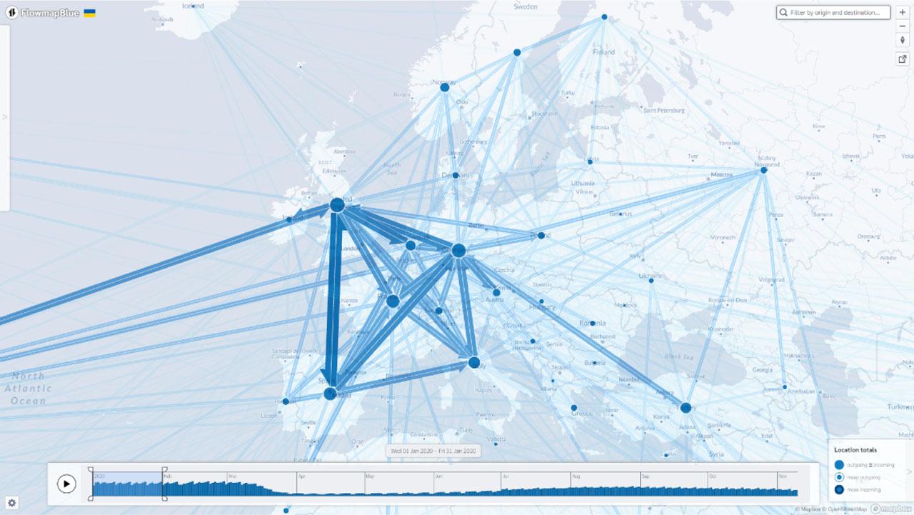Flow map of European air traffic in January 2020Source: own study using data from OpenSky Network 2022