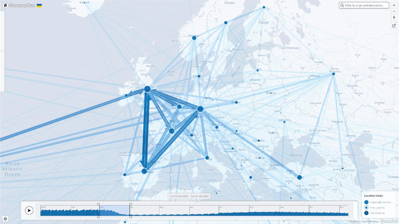 Flow map of European air traffic in March 2020Source: own study using data from OpenSky Network 2022