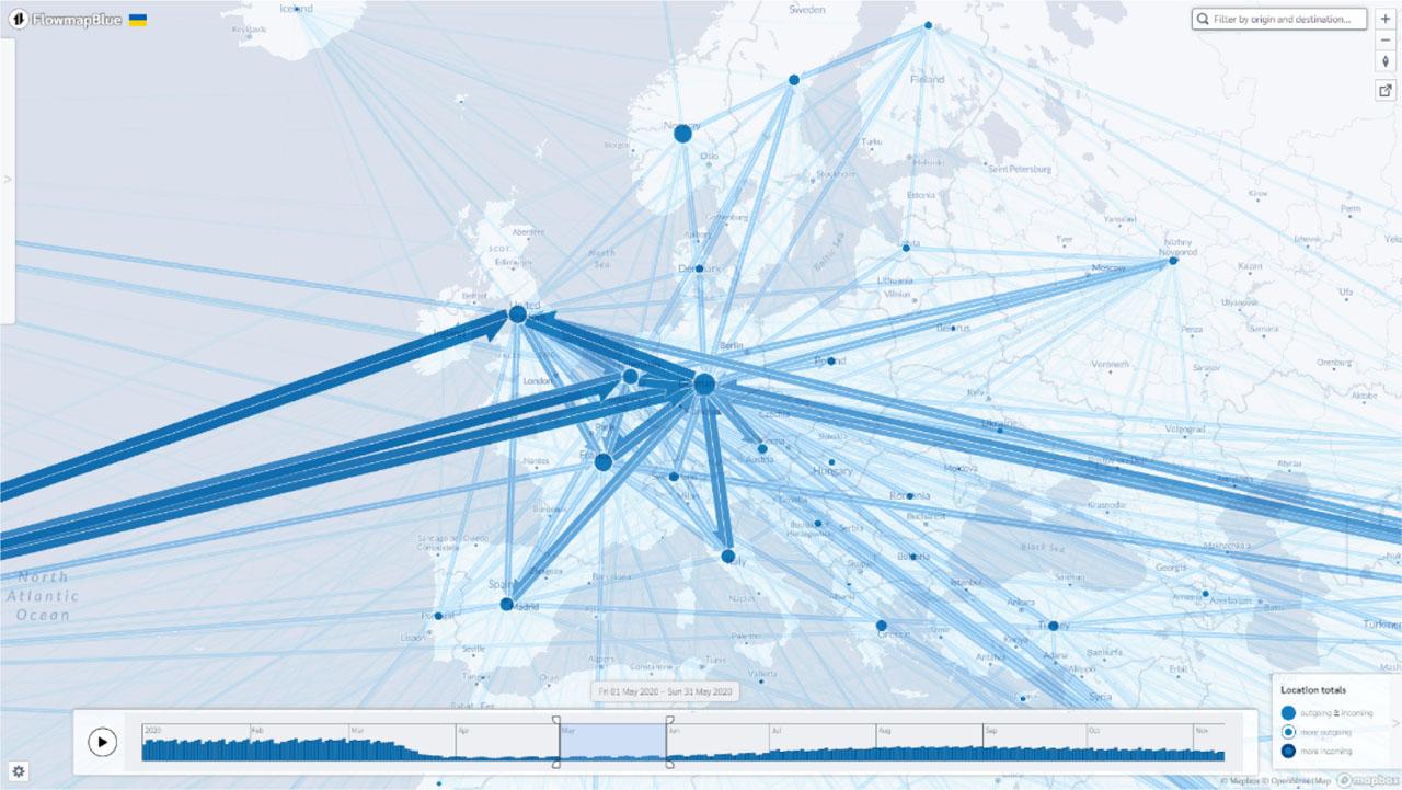 Flow map of European air traffic in May 2020Source: own study using data from OpenSky Network 2022