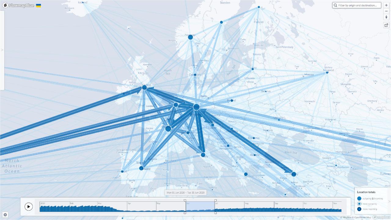 Flow map of European air traffic in June 2020Source: own study using data from OpenSky Network 2022
