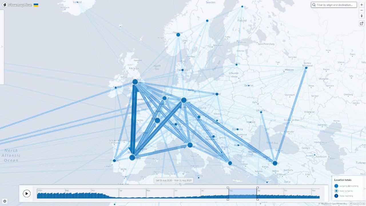 Flow map of European air traffic in August 2020Source: own study using data from OpenSky Network 2022