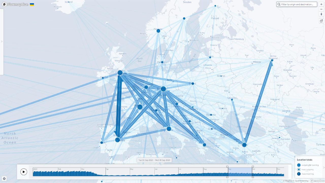 Flow map of European air traffic in September 2020Source: own study using data from OpenSky Network 2022