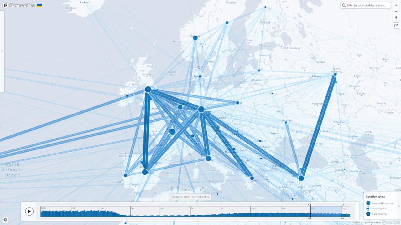 Flow map of European air traffic in October 2020Source: own study using data from OpenSky Network 2022