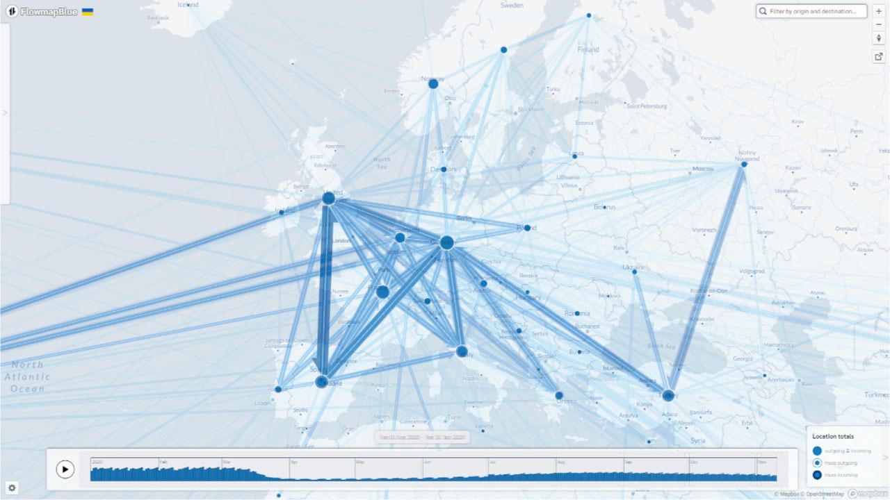 Overlay of air traffic from maps between January to October 2020Source: own study using data from OpenSky Network 2022