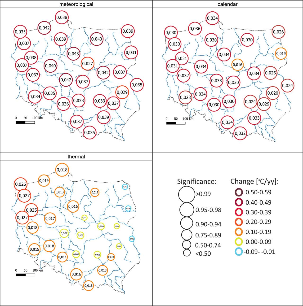 Temperature change in spring (1951–2020)Source: own study