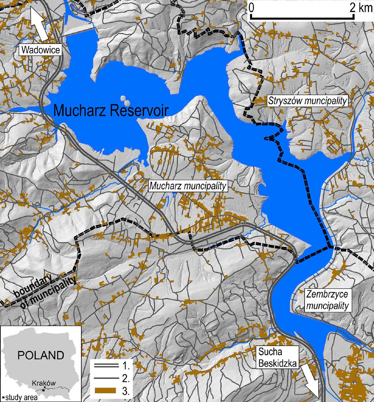 Location of Mucharz Reservoir within three municipalities. Explanatory note: main national road (1), other public roads (2), housing developments (3). (Data source: geoportal.gov.pl).