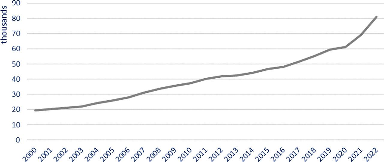 GDP per capita 2000–2022 in Poland (PLN)Source: own elaboration based on data from Statistics Poland