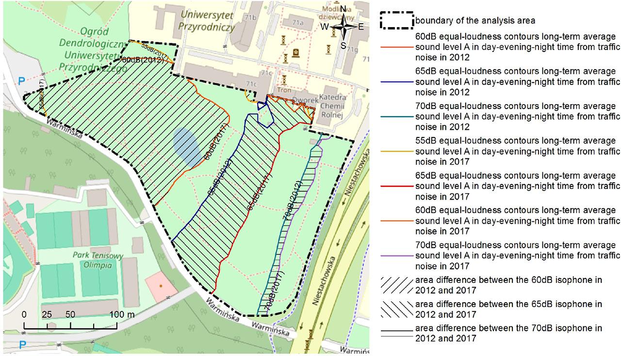 Changes in the course of LDWN noise contours for 2012 and 2017Source: own elaboration