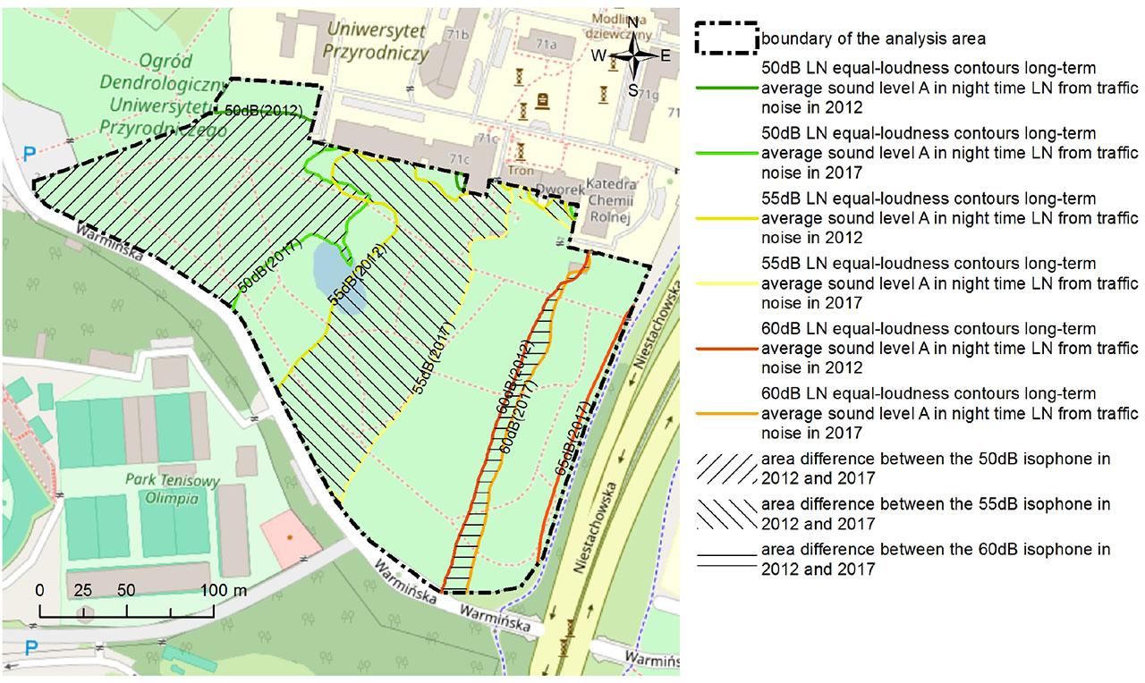 Changes in the course of LN noise contours for 2012 and 2017Source: own elaboration