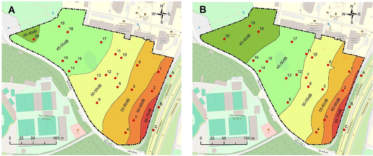 Areas exposed to road noise within the limits of the study area on weekdays: A - LAeq27 May 2014 (Tuesday), B - LAeq 9 June 2020 (Tuesday).Source: own elaboration
