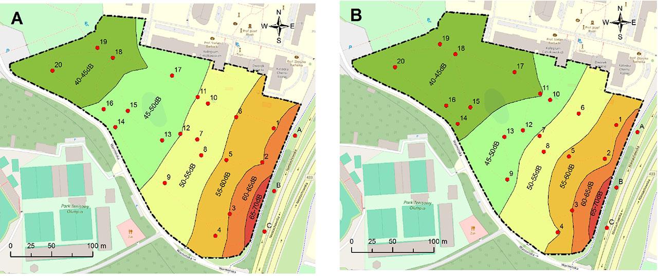Areas exposed to road noise within the limits of the study area on public holidays; A - LAeq 25 May 2014 (Sunday), B - LAeq 16 May 2020 (Saturday)Source: own elabotarion