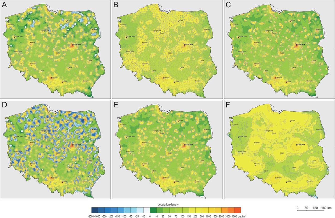 Test chart containing six population density maps made using six interpolation methods: (A) kriging, (B) IDW, (C) linear interpolation, (D) minimum curvature, (E) natural neighbour and (F) local polynominal
Source: own study