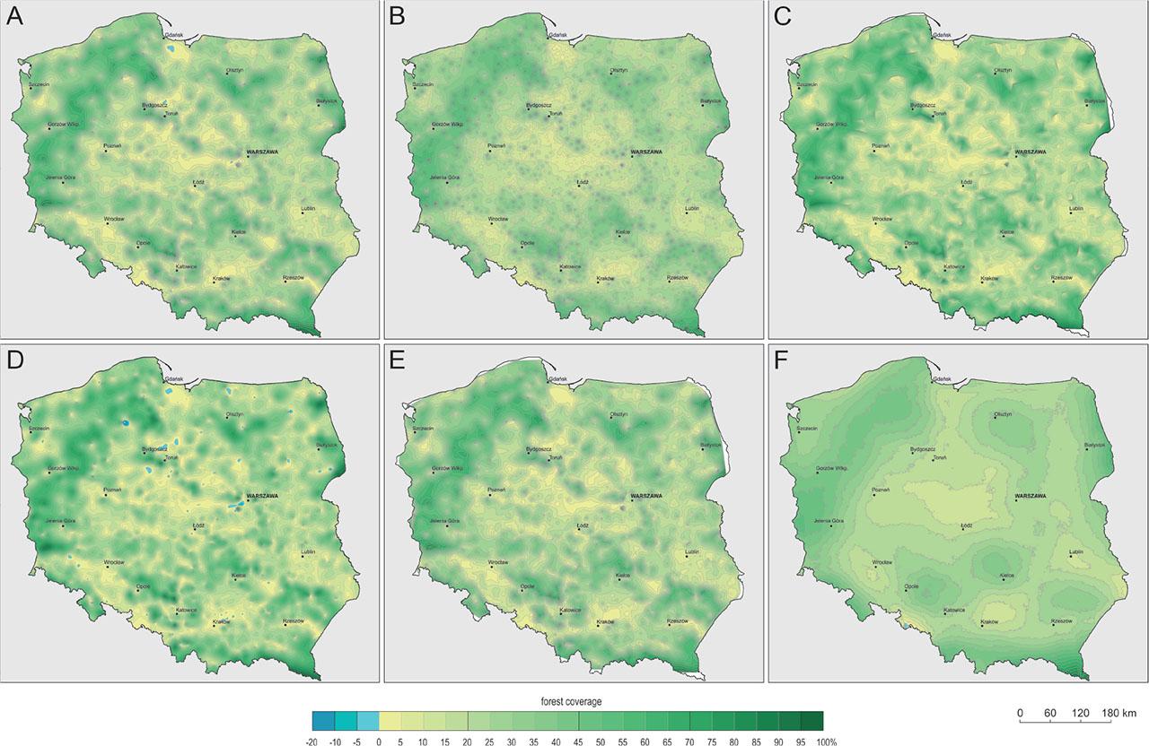 Test chart containing six forest cover maps made using six interpolation methods: (A) kriging, (B) IDW, (C) linear interpolation, (D) minimum curvature, (E) natural neighbour and (F) local polynominal
Source: own study