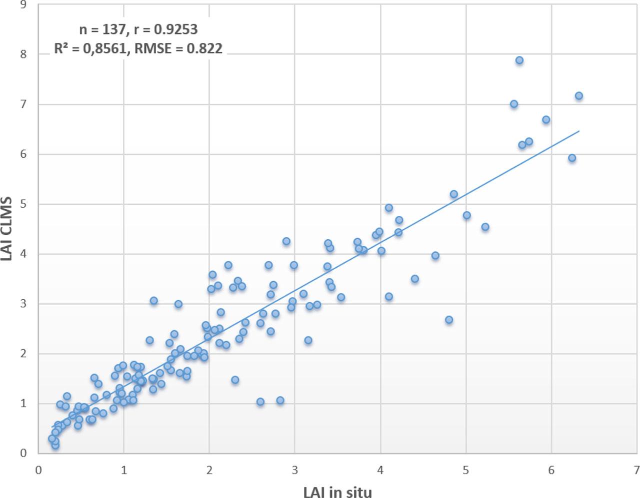 The scatterplot between LAI in situ and LAI CLMSSurce: own elaboration
