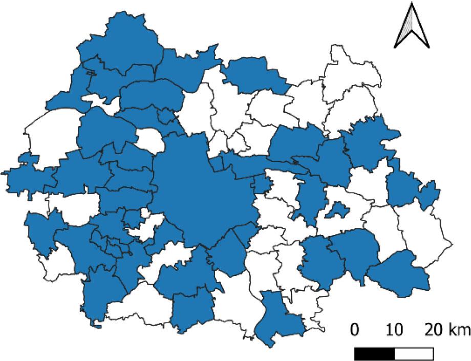 Warsaw metropolis (municipalities that participated in the survey are marked in colour)
Source: own elaboration based on received surveys
