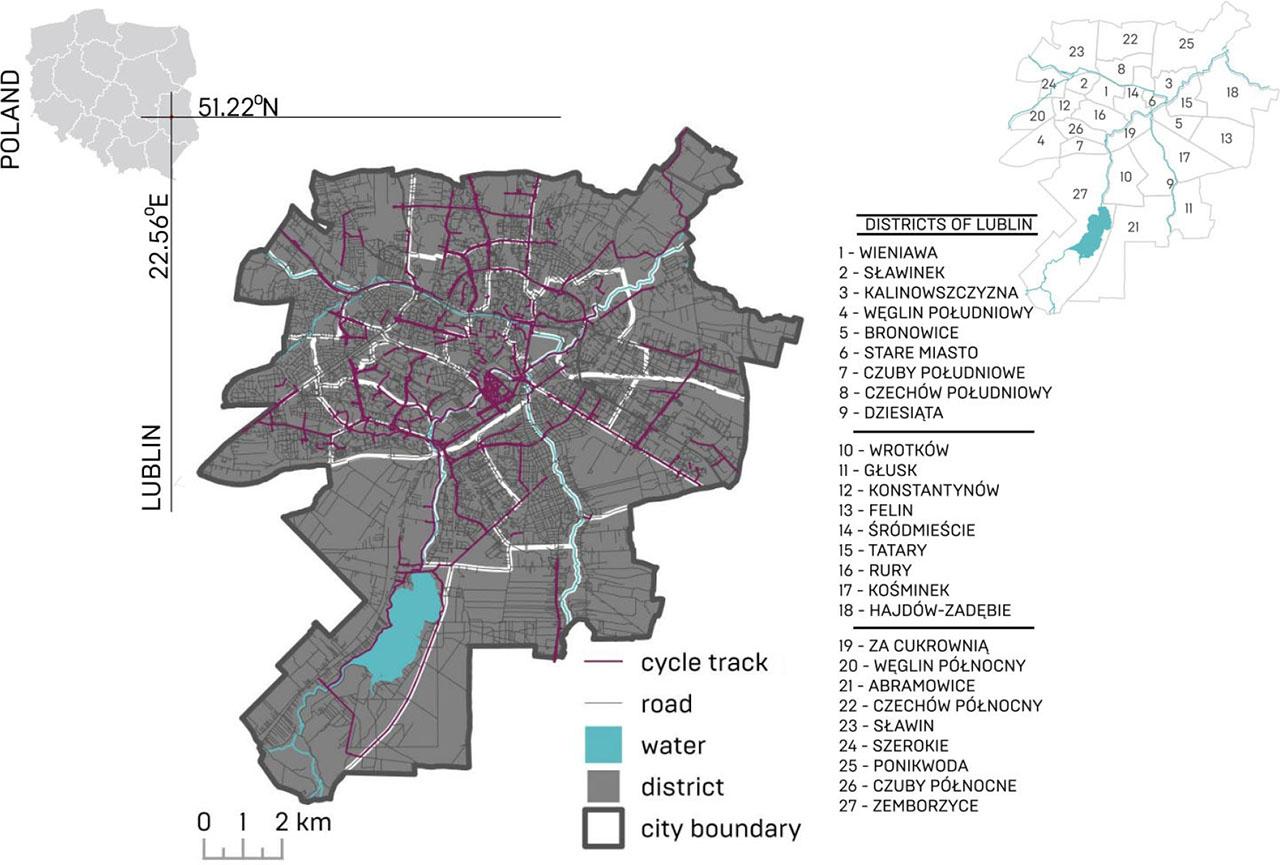 Network of cycle tracks in the districts of LublinSource: own study