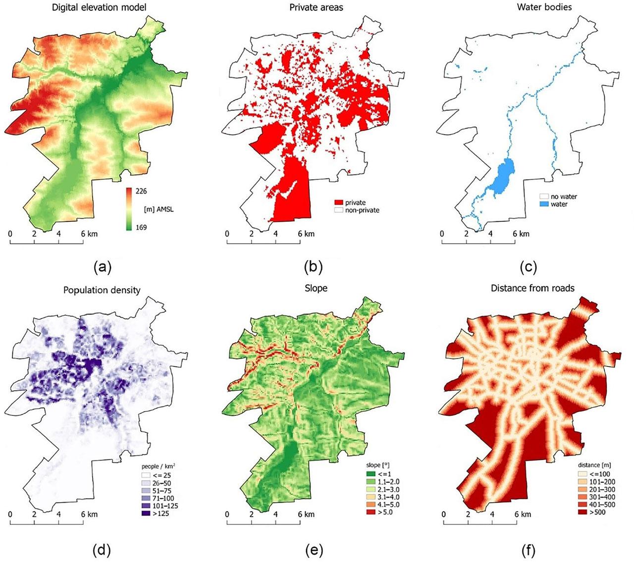 Explanatory variables: (a) digital elevation model; (b) private areas map; (c) water bodies map; (d) population density map; (e) slope map; (f) proximity to roads mapSource: own study