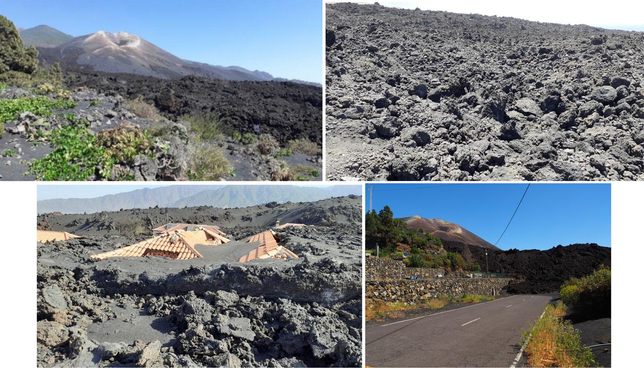 Tajogaite cone – a new element in the landscape of La Palma island – as of May 9, 2023 (28°37′40″N; 17°55′51″W)The photograph shows the structure of the surface of the lava cover. On May 8, 2023, when the photograph was taken, the stream of lava that had solidified on the surface emanated heat felt by the research team.A house buried partially under the lava flow, covered with volcanic ash.A road flooded with lava in the town of Los Llanos de Aridane (28°37′21″N; 17°52′25″ W).Source: photos taken by Authors
