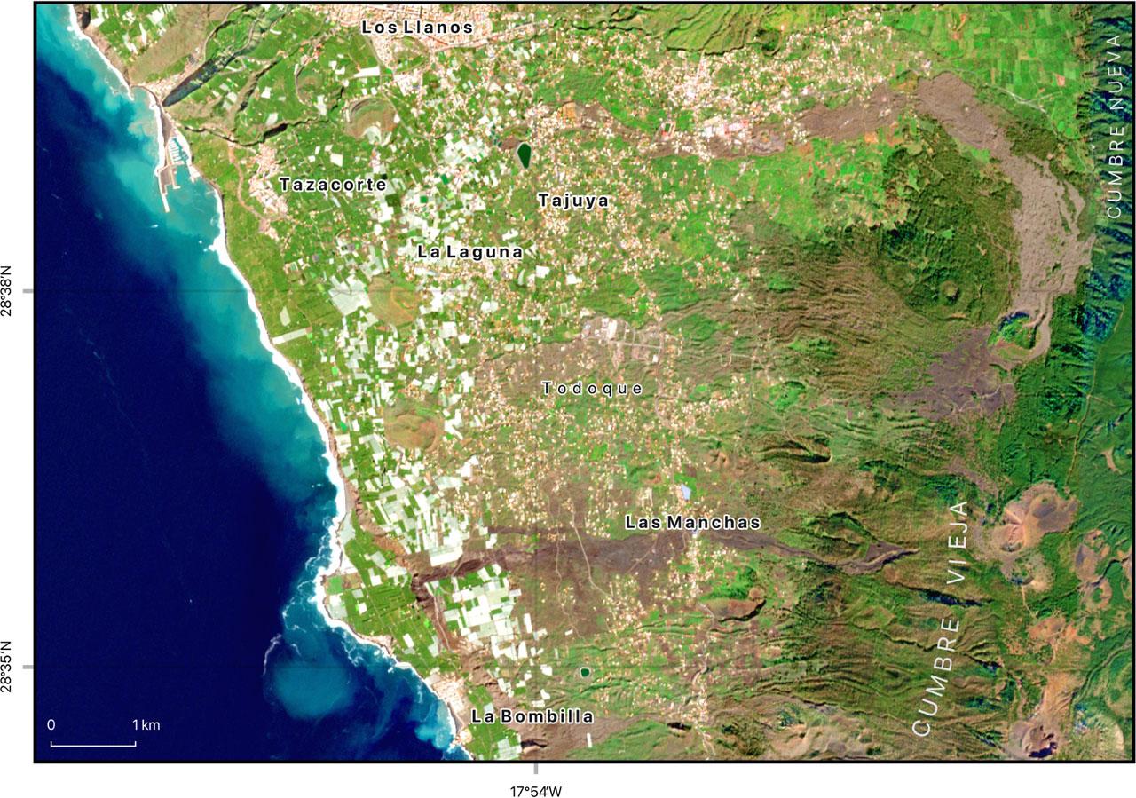 Contemporary image obtained from Sentinel-2A satellite. Photo was taken before the eruption of Tajogaite Volcano on 28.01.2021. The RGB composition of the photo contains three colour bands: red (Band 4), green (Band 3) and blue (Band 2)Source: own elaboration based on Copernicus Data Space Ecosystem, https://dataspace.copernicus.eu/