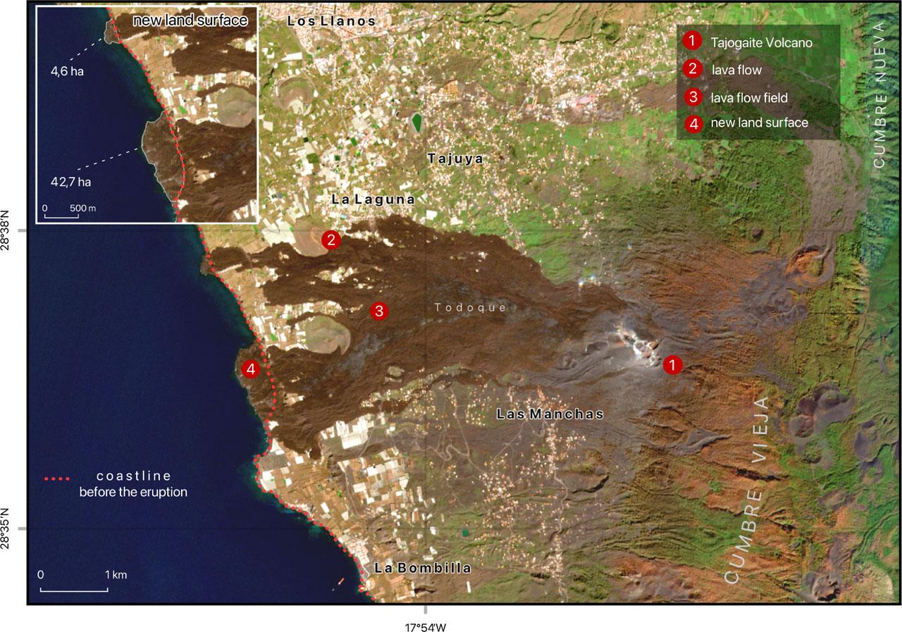 Contemporary image obtained from Sentinel-2A satellite. Photo was taken after the eruption of Tajogaite Volcano on 17.02.2022. The RGB composition of the photo contains three colour bands: red (Band 4), green (Band 3) and blue (Band 2). Legend: 1 – Tajogaite Volcano, 2 –volcanic ash, 3 – lava flow, 4 – delta. The coastline before the eruption is an effect of vectorization of the Sentinel-2 imagery taken on 28.01.2021Source: own elaboration based on Copernicus Data Space Ecosystem, https://dataspace.copernicus.eu/
