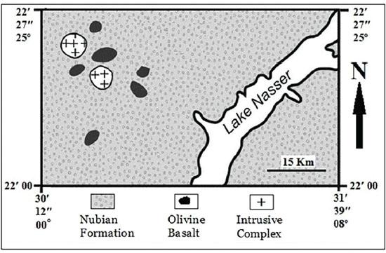 Geological map of southwestern Egypt (modified from EGSMA 1981). The region is a hyperarid desert with maximum daily temperatures ranging from 16°C during December to 48°C in June and rains occurring rarely.