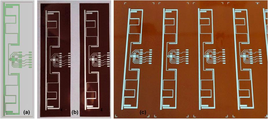 Transponder antenna: (a) geometrical model, (b) cut samples, (c) samples after printing