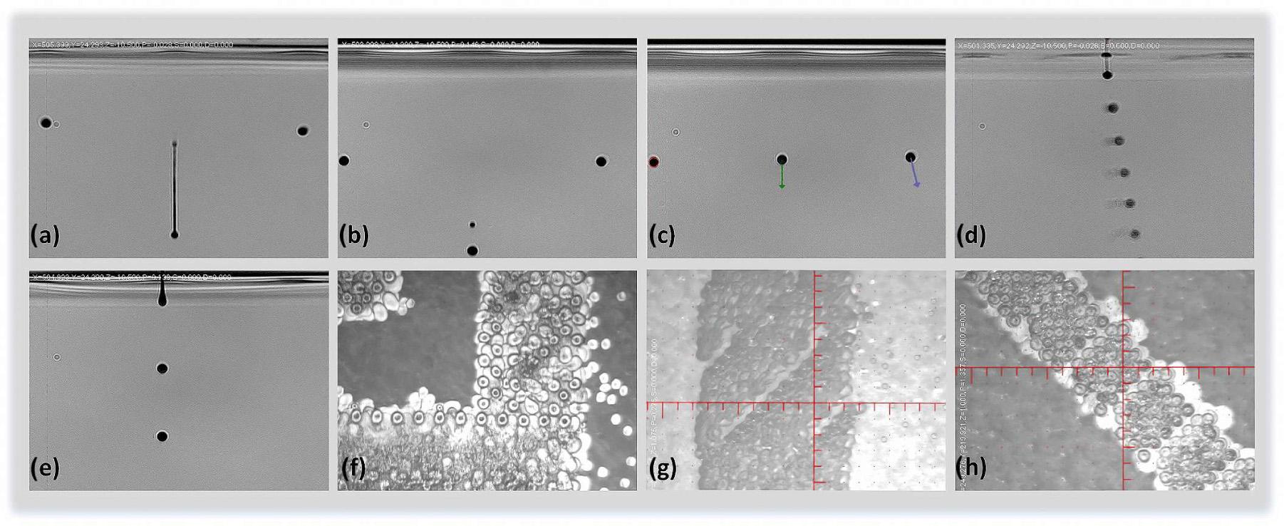 Nanomaterial deposition problems: (a – e) different parameters of generated drops, (f – h) structure defects
