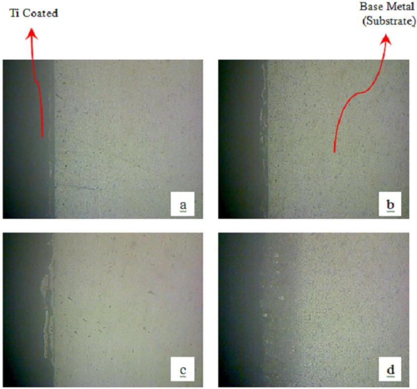 Cross-sectional images of film thickness: (a) 45 μm, (b) 61 μm, (c) 82 μm, and (d) 154 μm of AA 2024 samples obtained at different deposition times.