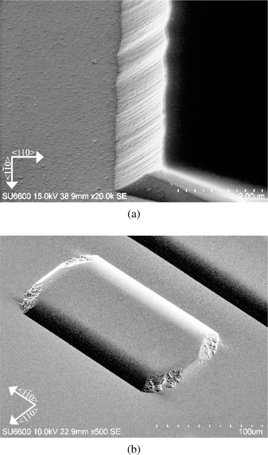 SEM images of substrate after etching in 1HCl:3H3PO4 solution with photoresist as a mask (a) ∼2 µm etching depth, (b) deep etching with photoresist mask already removed.
