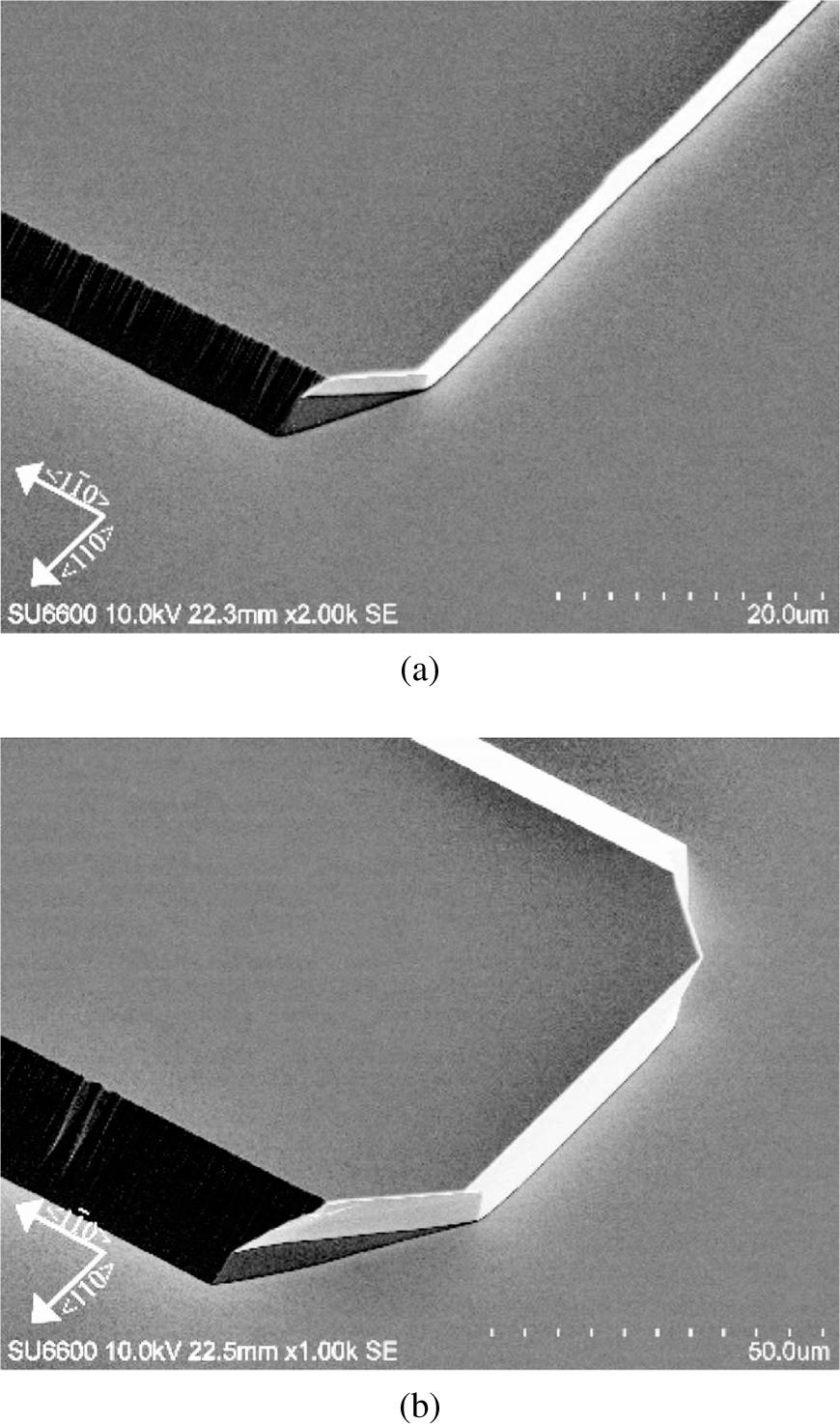 SEM images of surface after etching in 1HCl:3H3PO4 with Si3N4 as a mask material (a) ∼2 µm etching depth, (b) ∼10 µm etching depth.