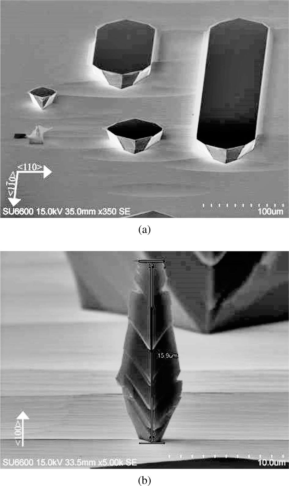 SEM images of an InP substrate etched in 1HCl:1CH3COOH:1H2O2 (a) general view, (b) measured thickness of the etching.