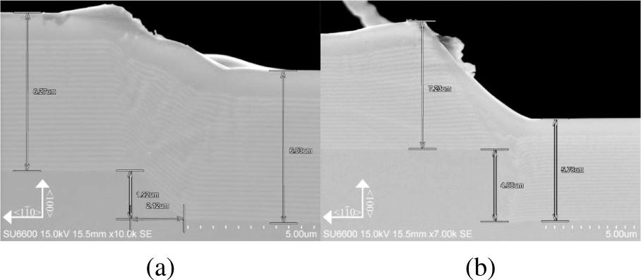 SEM images of the same area in (a) B1 and (b) B2 samples.