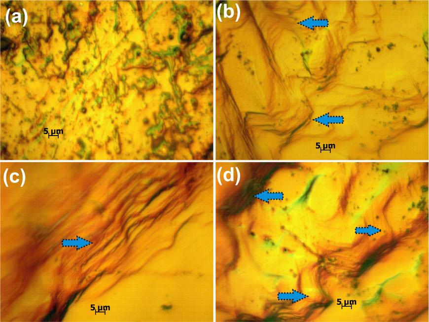 Etch patterns of the crystal after (a) 0 s, (b) 10 s, (c) 20 s, (d) 40 s.