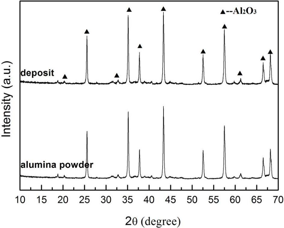 XRD pattern of the deposited alumina powders and green body deposit.