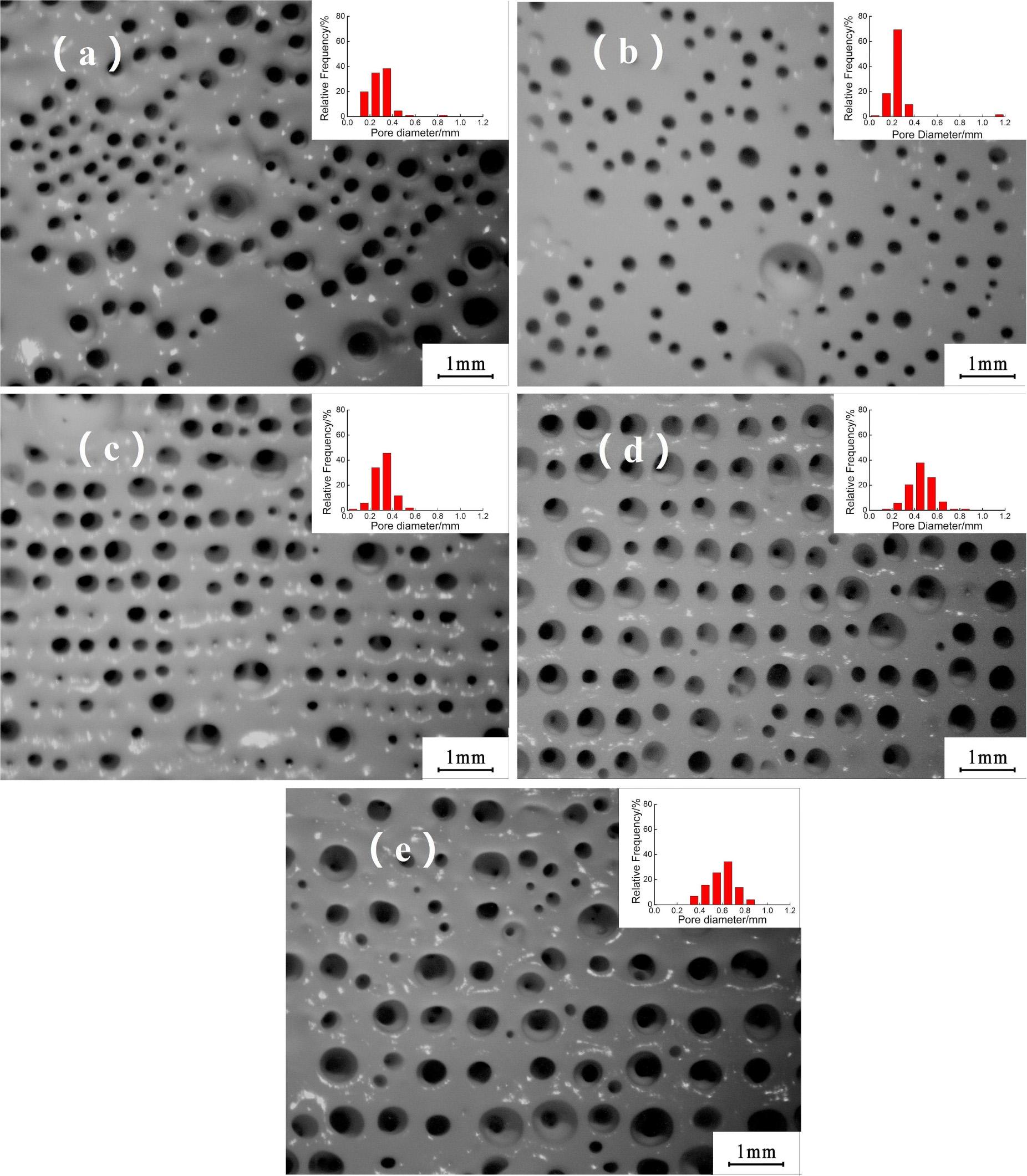 Optical photographs of the tubular porous alumina ceramics prepared (a) without a mesh; and at various mesh sizes: (b) 0.1985 mm; (c) 0.3033 mm; (d) 0.4650 mm; (e) 0.6567 mm.