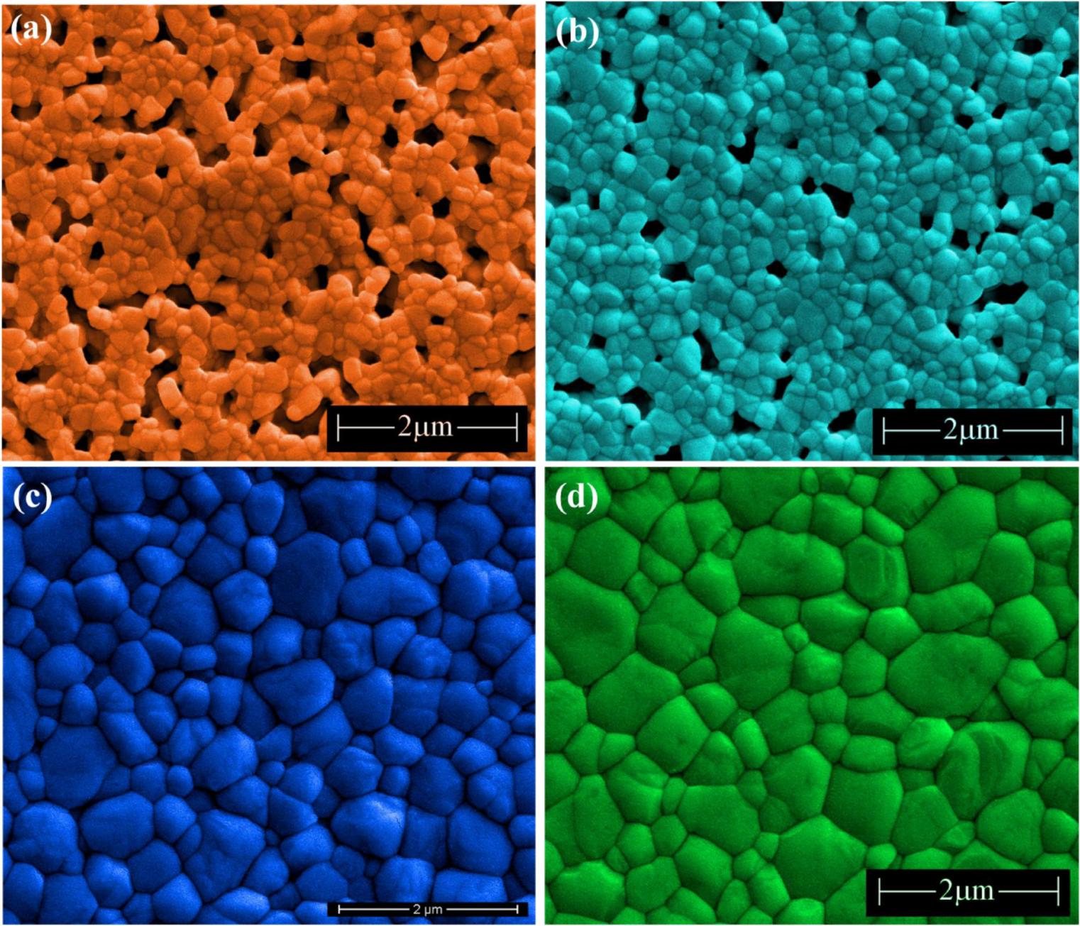 FE-SEM images for 3Y-PSZ ceramics sintered at: (a) 1350 °C for 4 h, (b) 1350 °C for 12 h, (c) 1550 °C for 4 h and (d) 1550 °C for 12 h.