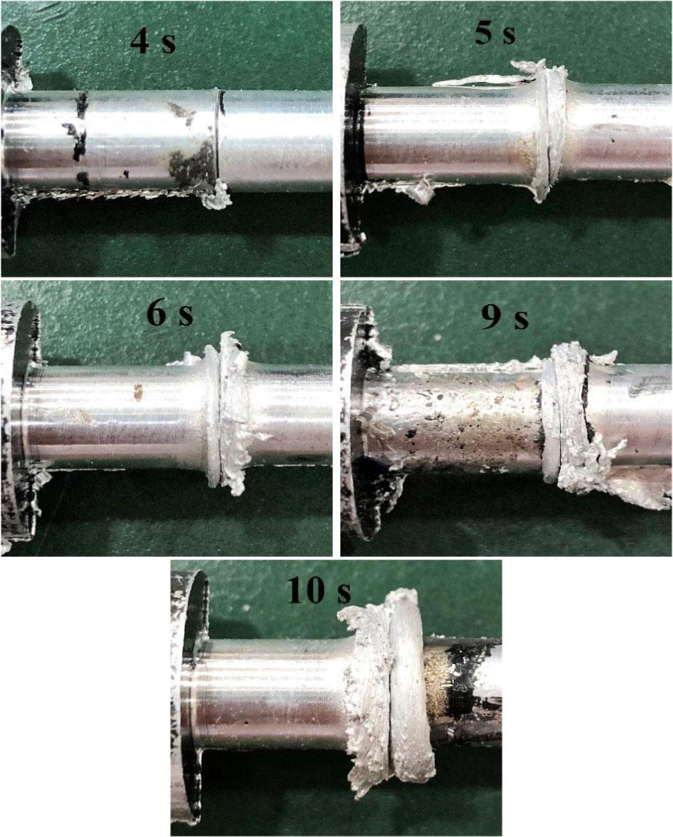 Welding flash formation at different friction times; these are 4, 5, 6, 9, and 10 s, respectively.