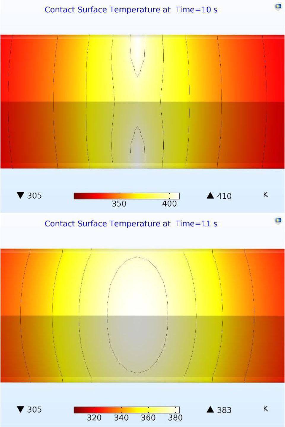 The temperature profile at the contact zone at t = 10 and 11 s.