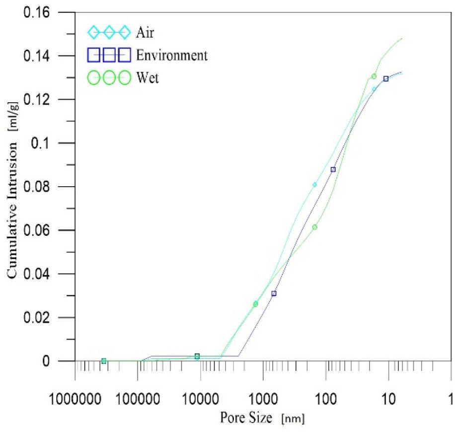 Cumulative intrusion vs. pore size curves (28 days).